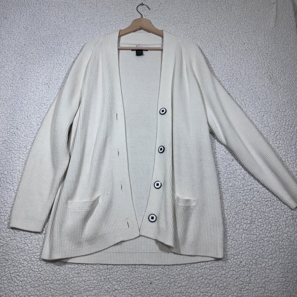 Vintage Yarnworks Long Oversized Cardigan Sweater Ribbed XL White Grandmacore